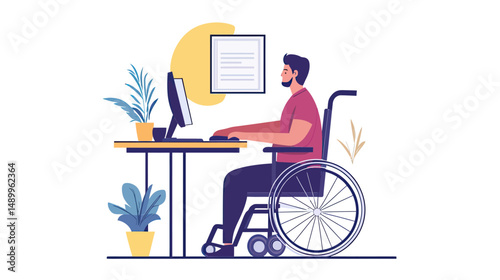 Man in wheelchair working on computer at desk in modern home office with plants and minimal workspace setup vector illustration