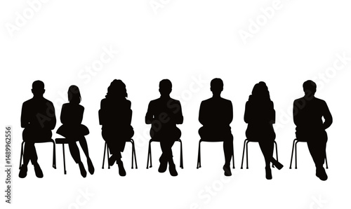 Silhouette of diverse group of seven seated people in row against white background in minimalist flat vector style for social and business concepts