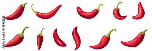 Red hot chili pepper vector set isolated on white background with various angles in flat minimalist style for spicy food design elements perfect for culinary and cooking illustrations