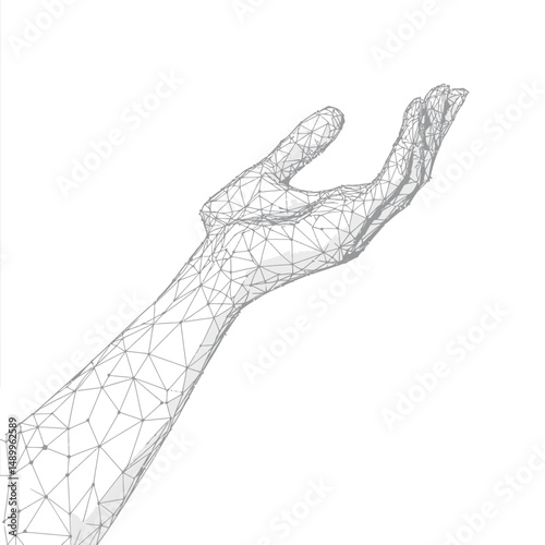 Abstract low poly wireframe human hand open palm upward gesture with connected dots and lines on white background for technology and assistance concept