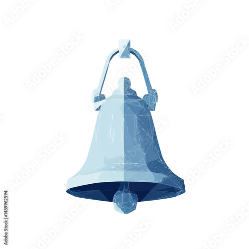 Low poly geometric handbell illustration isolated on white background with polygonal wireframe digital art style in light blue tones for social media concept design
