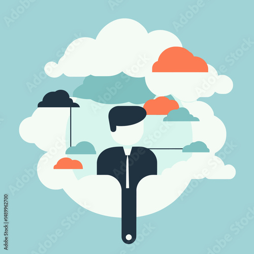Abstract businessman silhouette surrounded by colorful connected cloud icons representing cloud computing network and digital business concept