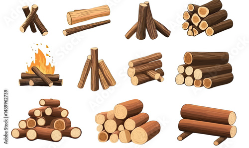 Stacked firewood logs bundles various arrangements wooden trunks dry branches isolated cartoon vector illustration collection for campfire and woodpile fuel concepts