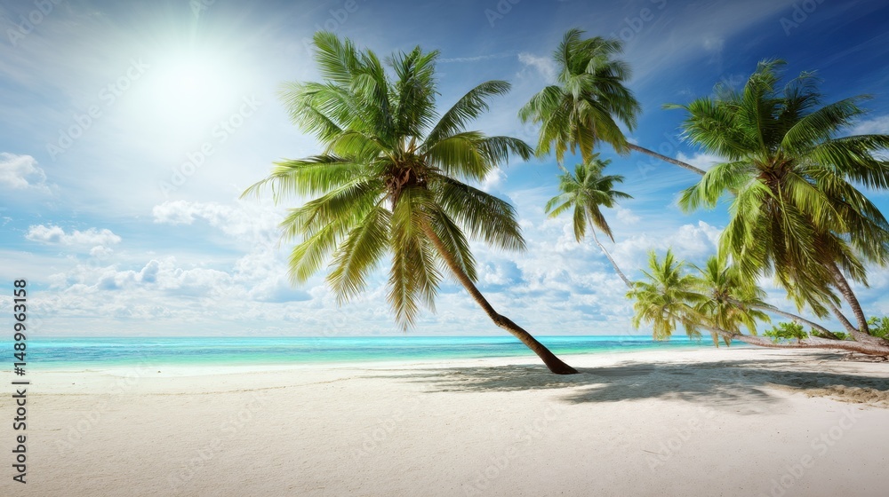 Obraz premium Serene Tropical Beach Scene with Leaning Palm Trees under Bright Sunlight and Clear Blue Sky, Ideal for Vacation and Relaxation Themes