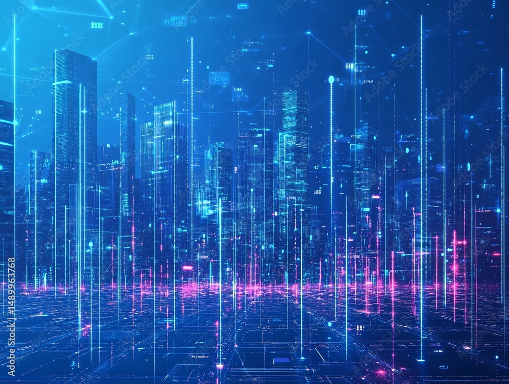 Fototapeta premium Futuristic decentralized internet concept urban landscape digital art night environment aerial view technology vision