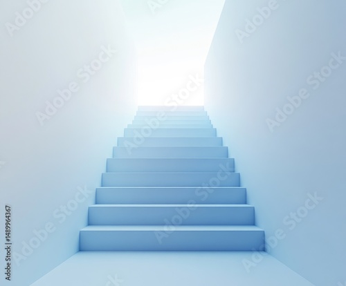 Light-filled, pale blue steps ascend to a bright light source