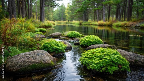 Scenic view of lake in pine forest beside nature park concept. Serene riverside scene with lush greenery and tranquil water flow.