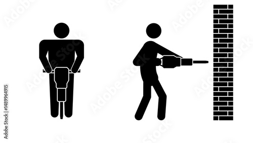 Set of stick figures, worker with a jackhammer, flat vector illustration.