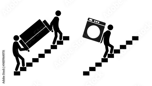 Set of stick figures, professional movers and parcel delivery, flat vector illustration.