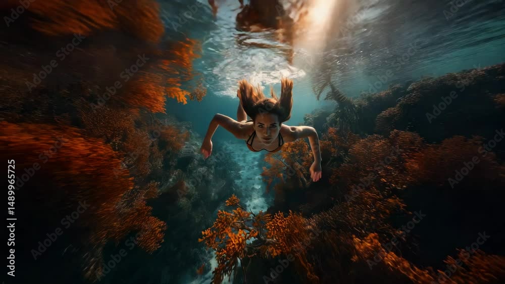 AI generated illustration of a woman swimming smoothly through orange coral reef underwater