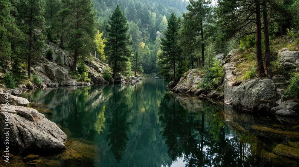Obraz premium Scenic view of lake in pine forest beside nature park concept. Tranquil lake reflecting lush pine trees in a serene landscape.