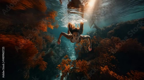 AI generated illustration of a woman swimming smoothly through orange coral reef underwater