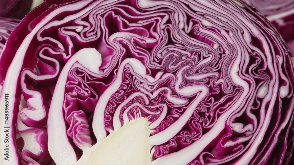 Fototapeta premium Close-up of a finely sliced red cabbage showing intricate patterns and vibrant colors.