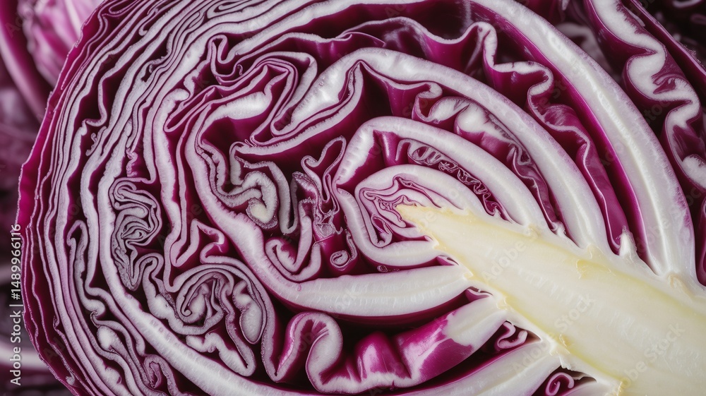 Obraz premium Close-up of vibrant purple cabbage, showcasing intricate spiral patterns and fresh textures.