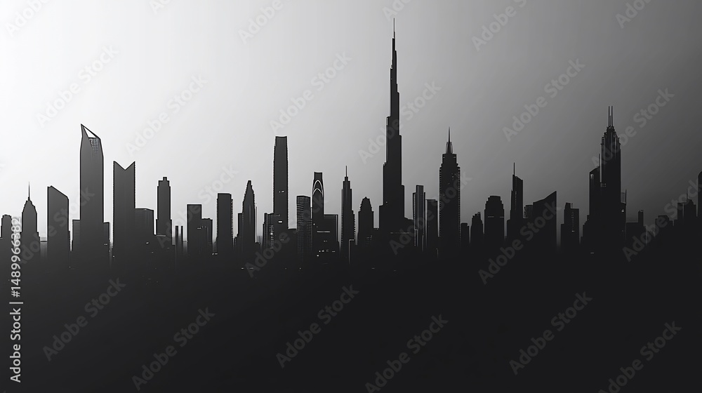 Obraz premium Monochromatic Majesty: A Silhouette of Dubai's Iconic Skyline at Dusk
