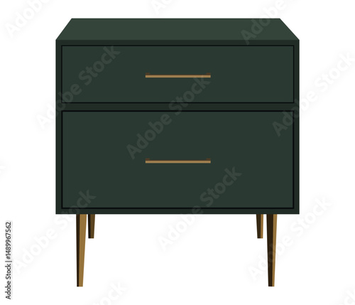Dark green dresser with two drawers and wooden legs isolated on white background