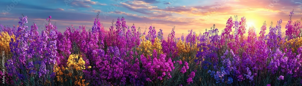 Naklejka premium Blooming flowers in meadow with paradise feel and dreamy concept. Vibrant wildflowers in a colorful meadow at sunset.