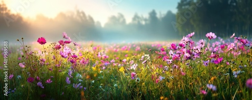 Blooming flowers in meadow across glowing vibrant paradise concept. Vibrant field of wildflowers illuminated by soft morning light.