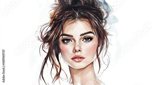 A watercolor drawing shows a stylish young woman with brown hair. She has a big hairstyle and looks fashionable. The picture is on a white background.
