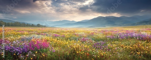 Blooming flowers in meadow across glowing vibrant paradise concept. Vibrant field of wildflowers under a dramatic cloudy sky.