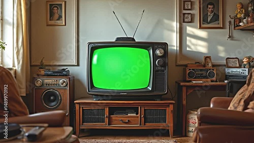 antique television in a quaint indoor setting, vibrant green screen, adorned with retro household items like an 80s boombox and vintage toys, inviting light creating a nostalgic mood