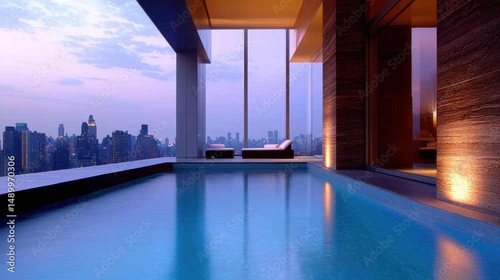 Fototapeta premium Modern Rooftop Pool Rooftop pool with minimalist design, sleek furniture, urban setting, sophisticated atmosphere