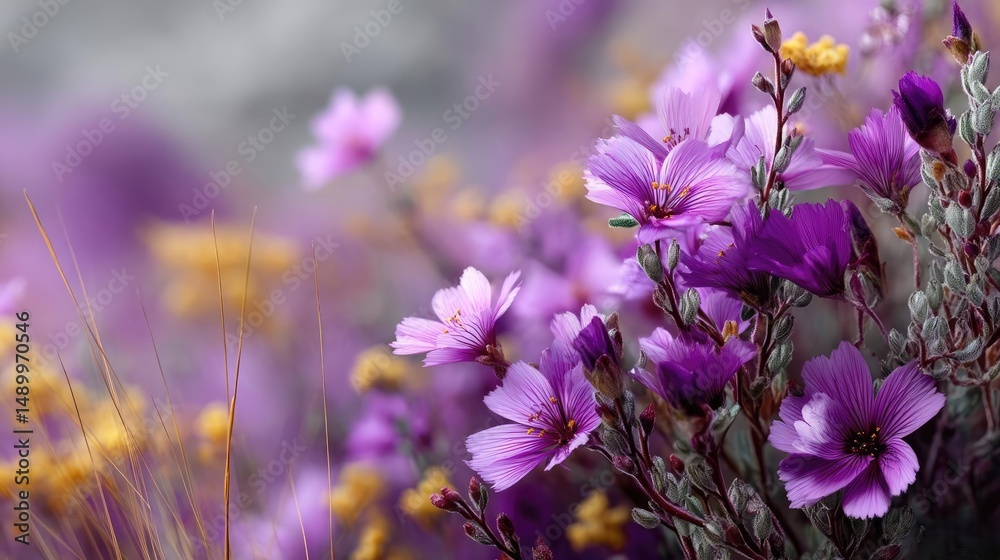 Fototapeta premium Blooming flowers in meadow across glowing vibrant paradise concept. Vibrant flowers blooming in shades of purple and yellow outdoors.