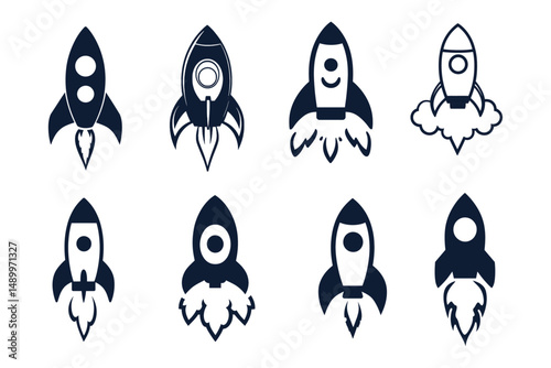 Rocket Ship Icons – Set of Black Silhouette Launch Symbols