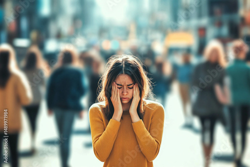 A woman experiencing a panic attack in a busy city street, surrounded by a crowd yet feeling isolated and overwhelmed. Generated image 