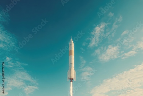 Rocket launching into a vibrant sky