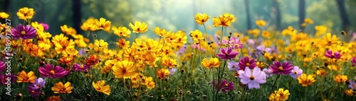 Blooming flowers in meadow across glowing vibrant paradise concept. A vibrant field of colorful flowers blooming in the sunshine.