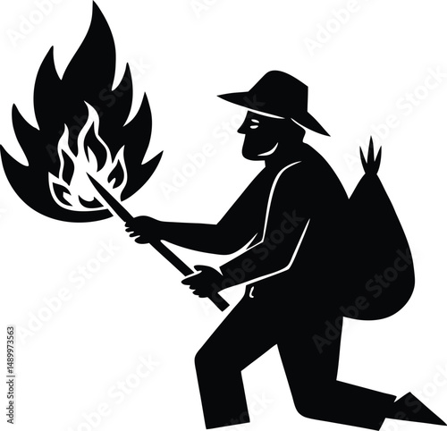 Bushcrafter Using Firestarter Outdoors Silhouette