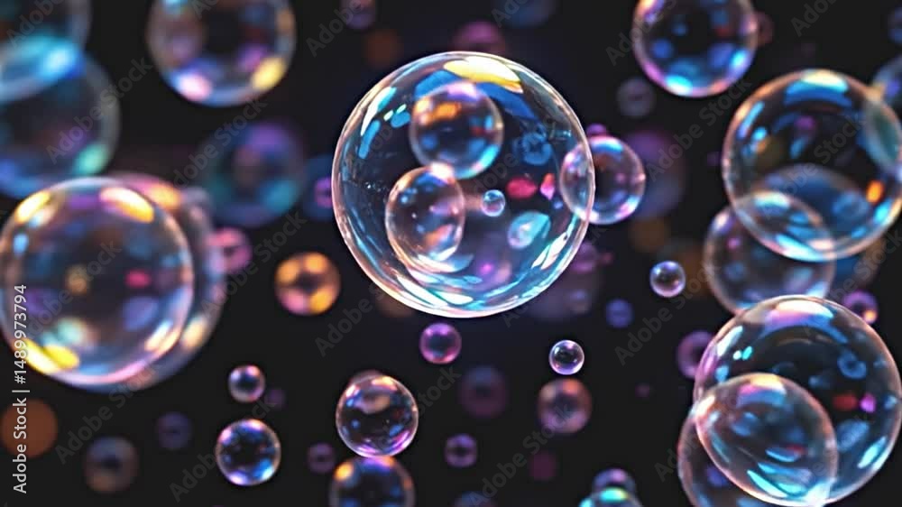 glowing bubbles bursting with color, reflections and refractions creating an intricate web of light, floating serenely against the black void, a celebration of abstract beauty and luminous artistry