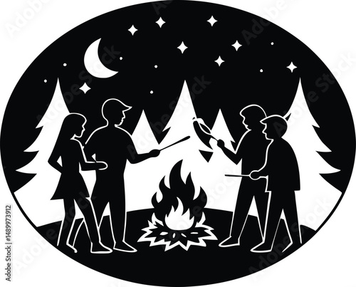 Campers Roasting Marshmallows by Fire Silhouette