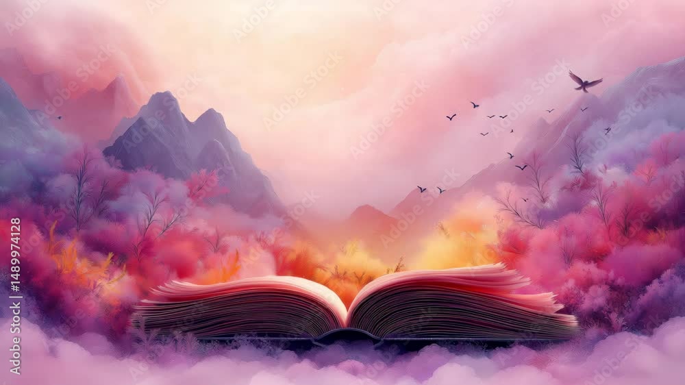 Magical animation of open book transforming into fantasy landscape with mountains, birds, and colorful forest in dreamy pastel tones, perfect for education content, storytelling intros, and book trail