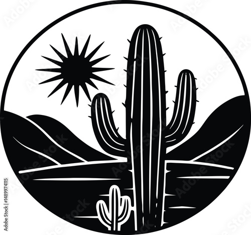 Desert Scene with Cactus and Sun Silhouette