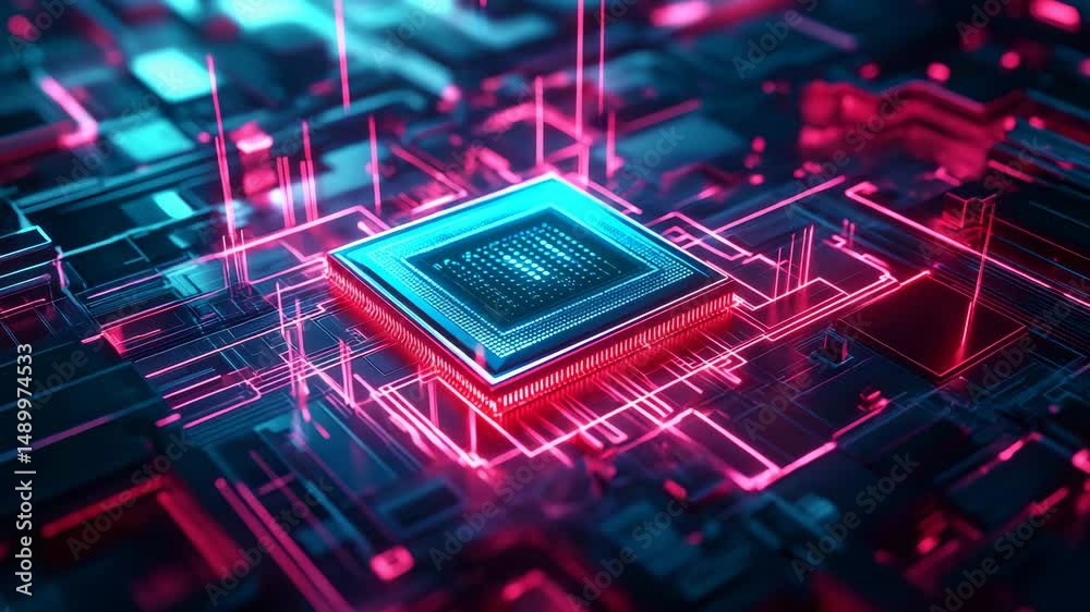 Seamless looping animation of microchip on neon pink and blue digital circuit board, ideal for tech branding, cybersecurity intros, and AI presentations with center copy space