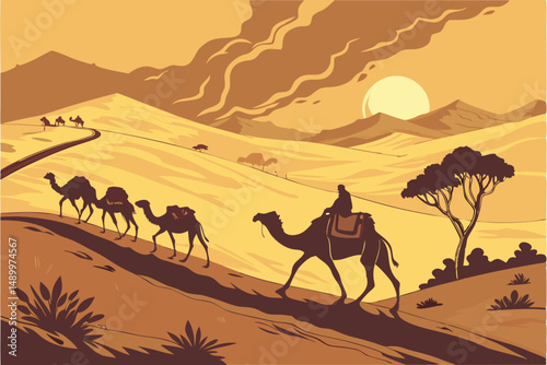 156 a herd of camels walking on a dusty trail through a desert landscape, golden sunset, dramatic cloudy sky, cinematic, detailed, 8K