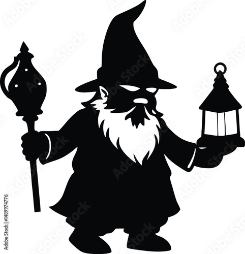 Gnome Carrying Lantern in Dark Silhouette
