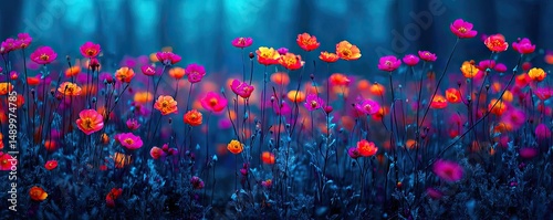 Blooming flowers in meadow with paradise feel and dreamy concept. Vibrant flowers bloom in a dreamy, colorful landscape at dusk.