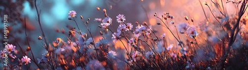 Blooming flowers in meadow with paradise feel and dreamy concept. A vibrant field of flowers illuminated by a stunning sunset glow.