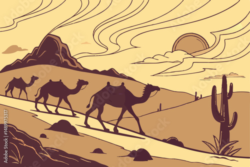 156 a herd of camels walking on a dusty trail through a desert landscape, golden sunset, dramatic cloudy sky, cinematic, detailed, 8K