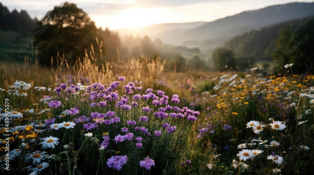 Obraz premium Blooming flowers in meadow through dreamy gardens and paradise concept. A serene meadow filled with vibrant wildflowers under sunlight.