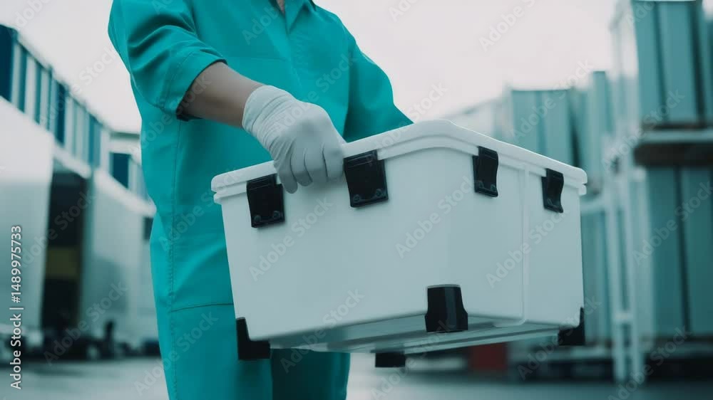 Medical transport staff carrying organ donation cooler for healthcare videos, awareness campaigns, hospital documentaries, with teal tones and copy space on the left