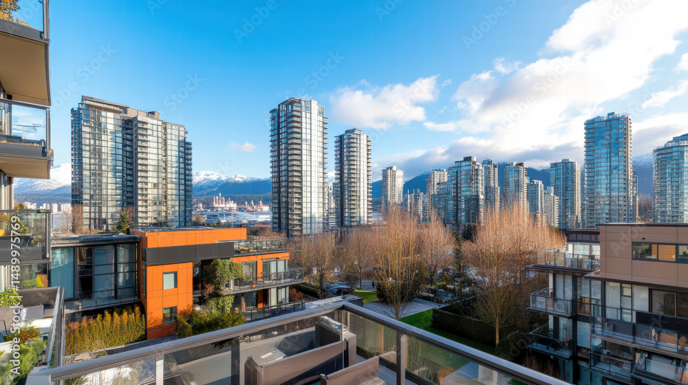 Fototapeta premium Urban Panorama: A stunning urban cityscape, capturing the essence of modern architecture with towering skyscrapers and lush greenery under a vibrant blue sky.
