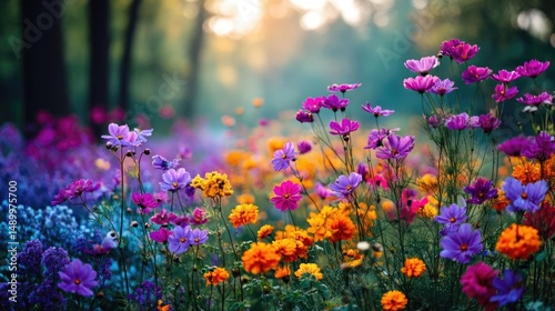 Blooming flowers in meadow through dreamy gardens and paradise concept. A vibrant field of blooming flowers in various colors and types.