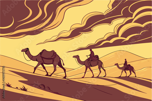 156 a herd of camels walking on a dusty trail through a desert landscape, golden sunset, dramatic cloudy sky, cinematic, detailed, 8K