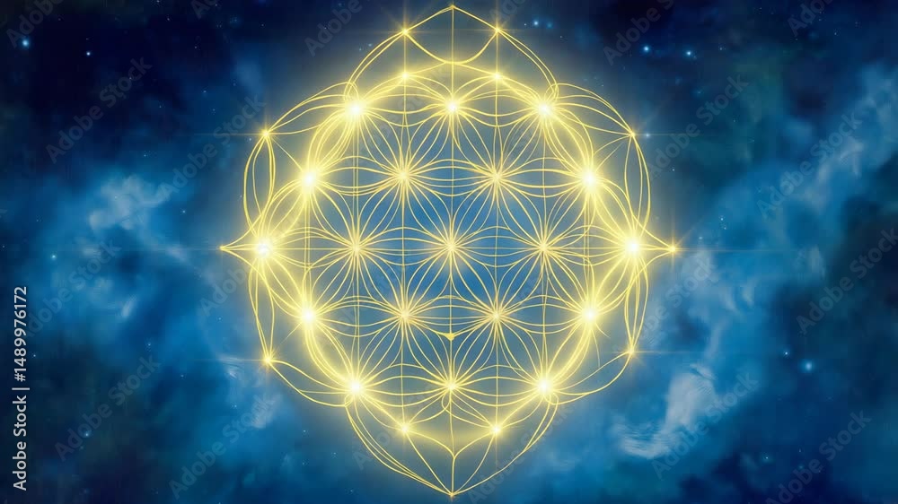 Sacred geometry animation with glowing golden lines in cosmic blue background for meditation visuals, healing content, spiritual branding and video background with copy space in center