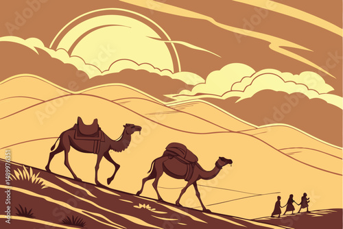 156 a herd of camels walking on a dusty trail through a desert landscape, golden sunset, dramatic cloudy sky, cinematic, detailed, 8K