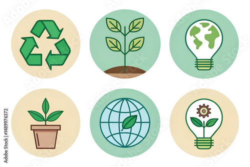 Eco-friendly icons set with recyclable symbols, plant sprouts, green energy, and earth globe in modern flat style PNG

